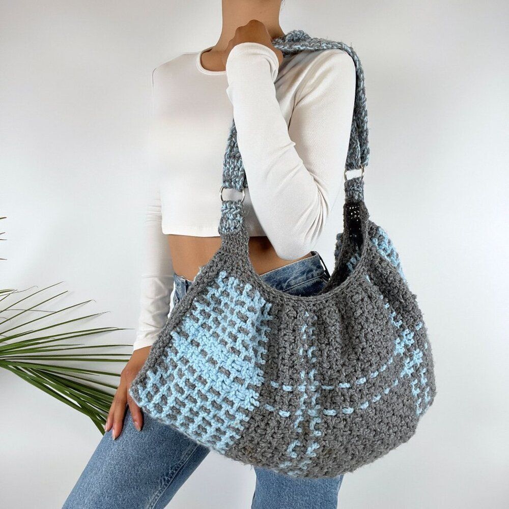 Vintage Gray & Blue Cottagecore Knit Crochet Oversized Shoulder Bag Purse Tote